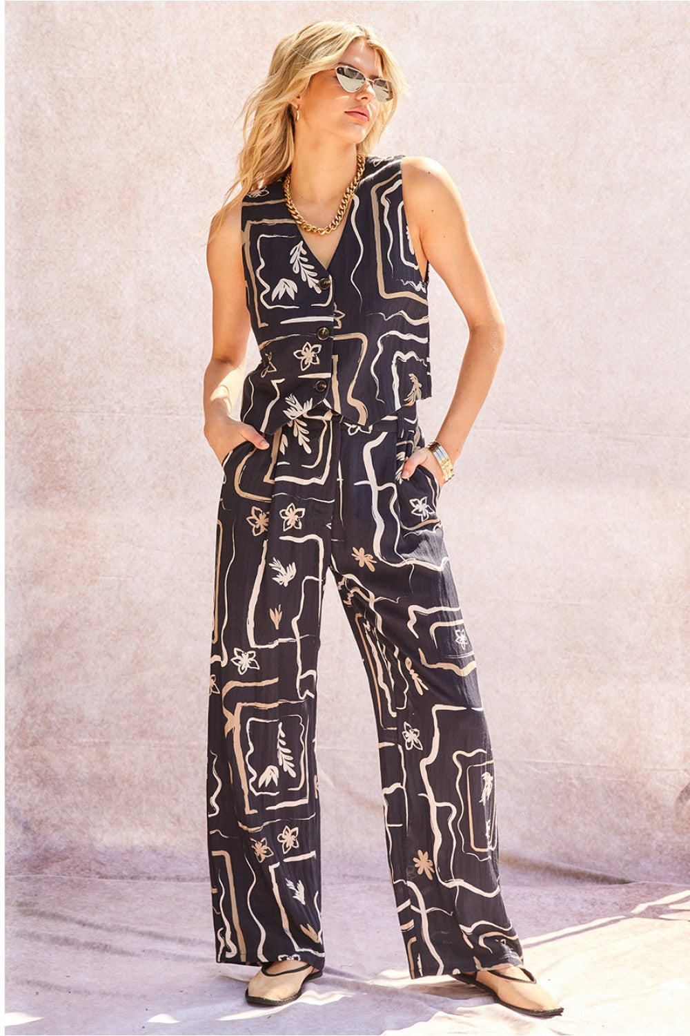 Printed Vest and Wide Pants