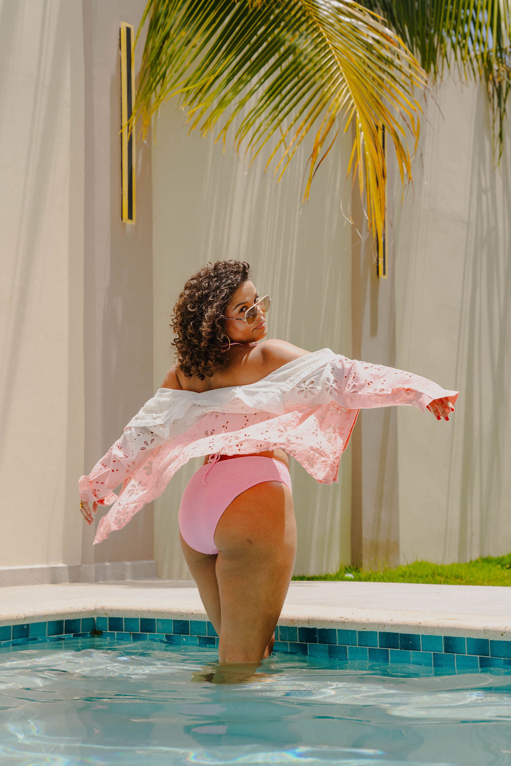 Sunset Coral Dip Dye Floral Netted Eyelet Button Up Shirt
