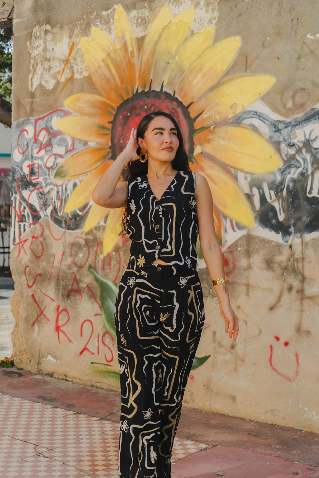 Printed Vest and Wide Pants