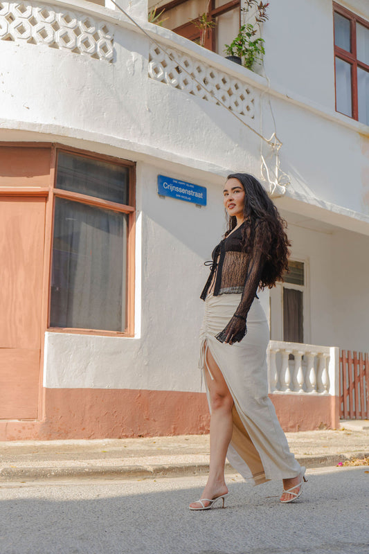 Drawstring Slit Linen Maxi Skirt
