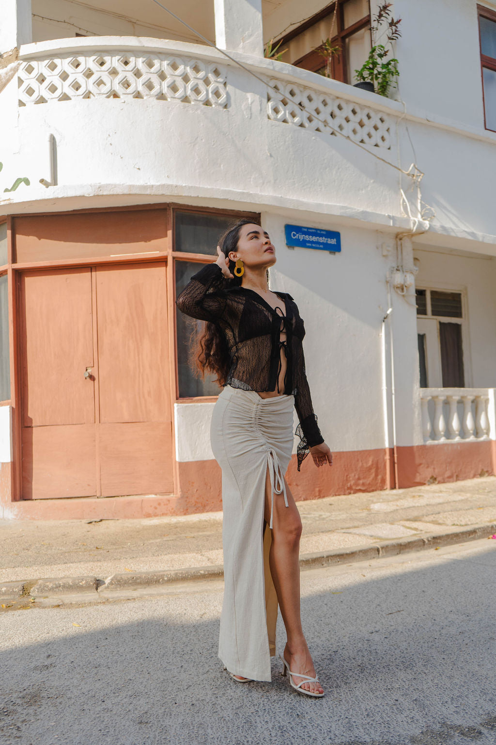 Drawstring Slit Linen Maxi Skirt